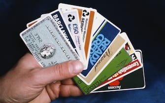 A selection of credit and bank cards, along with a green British Telecom phone card, 1986. (Photo by Fox Photos/Hulton Archive/Getty Images)
