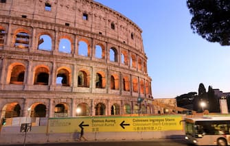 ROME, ITALY - AUGUST 27: The Moon and the Colosseum are seen at Dusk on August 27, 2020 in Rome, Italy.  (Photo by Thierry Monasse/Getty Images)