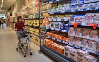 Carrello spesa lungo i banchi del supermercato - Apertura nuovo supermercato punto vendita  Lidl in via delle Forze Armate 314, Milano 1 Luglio 2020  Ansa/Matteo Corner