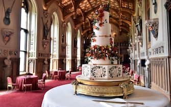 The wedding cake created by Sophie Cabot for the wedding of Princess Eugenie to Jack Brooksbank seen in St. George's Hall at Windsor Castle.
