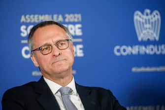 Il presidente di Confindustria, Carlo Bonomi, durante l Assemblea 2021 di Confindustria, Roma 23 settembre 2021. ANSA/FABIO FRUSTACI