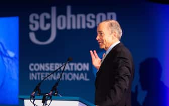 EDITORIAL USE ONLY Fisk Johnson, SC Johnson's Chairman & CEO speaks at the launch of The Blue Paradox, an immersive experience exploring the ocean plastic pollution crisis, at Exhibition London. Picture date: Tuesday September 14, 2021.