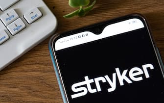 UKRAINE - 2021/06/15: In this photo illustration, a Stryker Corporation logo seen displayed on a smartphone. (Photo Illustration by Valera Golovniov/SOPA Images/LightRocket via Getty Images)