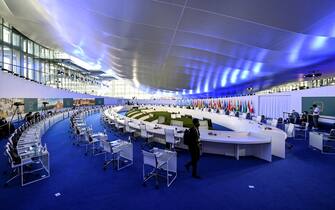 The hall of the plenary session inside La Nuvola meeting center at the G20 Summit in Rome, Italy, 30 October 2021. ANSA/RICCARDO ANTIMIANI