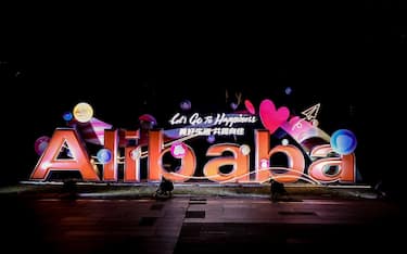 HANGZHOU, CHINA - OCTOBER 31: Illuminated decorations are seen at Alibaba Group's Hangzhou headquarters ahead of the China's Double 11 Shopping Festival on October 31, 2021 in Hangzhou, Zhejiang Province of China. (Photo by Niu Jing/VCG via Getty Images)