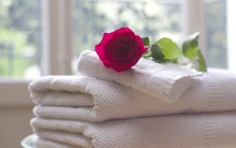 Asciugamano e una rosa in una camera d'albergo