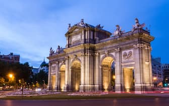 The Puerta de Alcala, a Neo-classical monument in the Plaza de la Independencia in Madrid, Spain