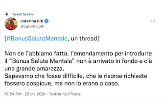 Il tweet di Caterina Biti sul bonus psicologo