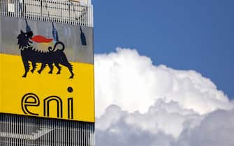 The ENI SpA logo sits on the company's headquarters office building in Rome, Italy, on Friday, April 24, 2020. Eni SpA reported a 94% drop in first-quarter profit and cut its production forecast for the year as demand is crushed by the coronavirus pandemic. Photographer: Alessia Pierdomenico/Bloomberg