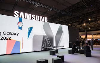 A Samsung logo seen displayed during the first day of Mobile World Congress 2022 (MWC) at the Fira de Barcelona.
