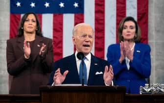 March 1, 2022; Washington, DC, USA; U.S. President Joe Biden delivers the State of the Union address from the House chamber of the United States Capitol in Washington. Mandatory Credit: Saul Loeb/Pool via USA TODAY NETWORK/Sipa USA