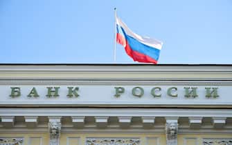 MOSCOW, RUSSIA – FEBRAURY 28, 2022: A Russian national flag flies outside the Central Bank of the Russian Federation (Bank of Russia). The Bank of Russia has decided to raise the key rate from 9.5% to 20% per annum on 28 February 2022. Mikhail Tereshchenko/TASS/Sipa USA