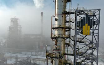 SAMARA REGION, RUSSIA - FEBRUARY 24, 2022: A low-temperature isomerization unit at the Novokuibyshevsk Refinery, a subsidiary of Rosneft Oil Company, in the city of Novokuibyshevsk 20 km southwest of Samara. The enterprise's primary distillation capacity is 8.8 million tons per year. The Novokuibyshevsk Refinery is one of the major manufacturers and suppliers of the superior grade of fuel for jet engines of the brand RT, the most in-demand type in Russia. Yegor Aleyev/TASS/Sipa USA