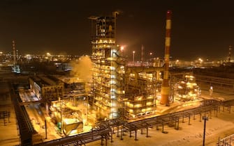 SAMARA REGION, RUSSIA - FEBRUARY 24, 2022: A continuous catalytic reforming (CCR) unit at the Novokuibyshevsk Refinery, a subsidiary of Rosneft Oil Company, in the city of Novokuibyshevsk 20 km southwest of Samara. The enterprise's primary distillation capacity is 8.8 million tons per year. The Novokuibyshevsk Refinery is one of the major manufacturers and suppliers of the superior grade of fuel for jet engines of the brand RT, the most in-demand type in Russia. Yegor Aleyev/TASS/Sipa USA