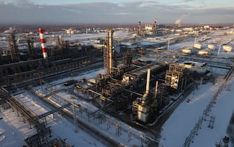 SAMARA REGION, RUSSIA - FEBRUARY 24, 2022: A low-temperature isomerization unit at the Novokuibyshevsk Refinery, a subsidiary of Rosneft Oil Company, in the city of Novokuibyshevsk 20 km southwest of Samara. The enterprise's primary distillation capacity is 8.8 million tons per year. The Novokuibyshevsk Refinery is one of the major manufacturers and suppliers of the superior grade of fuel for jet engines of the brand RT, the most in-demand type in Russia. Yegor Aleyev/TASS/Sipa USA