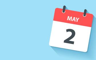 May 2. Calendar Icon with long shadow in a Flat Design style. Daily calendar isolated on a wide blue background. Horizontal composition with copy space. Vector Illustration (EPS10, well layered and grouped). Easy to edit, manipulate, resize or colorize. Vector and Jpeg file in different sizes.
