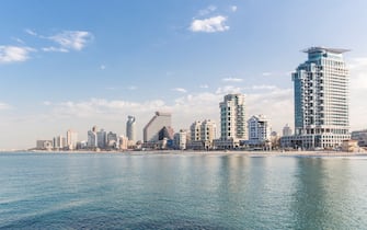 Tel Aviv Skyline along the Mediterranean coast, Tel Aviv, Israel