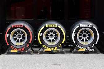 This picture shows Pirelli tyres on display prior to a practice session at the Autodromo Nazionale circuit in Monza, on September 10, 2021, ahead of the Italian Formula One Grand Prix. (Photo by Miguel MEDINA / AFP) (Photo by MIGUEL MEDINA/AFP via Getty Images)