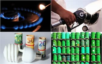 un collage di foto con una pompa di benzina, un fornello a gas e una lampadina