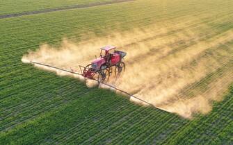 VCG111315822857 ©/MAXPPP - ANQING, CHINA - FEBRUARY 02: An agricultural machine sprays herbicides in a wheat field of Susong County on February 2, 2021 in Anqing, Anhui Province of China. (Photo by Li Long/VCG)
