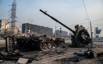 A destroyed tank likely belonging to Russia / pro-Russian forces lies amidst rubble in the north of the ruined city. The battle between Russian / Pro Russian forces and the defencing Ukrainian forces lead by Azov battalion continues in the port city of Mariupol.