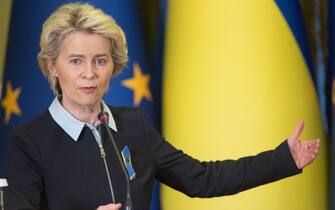 Handout photo made available by Ukrainian Presidency shows European Commission President Ursula von der Leyen and President of Ukraine hold a press conference following their meeting in Kyiv, Ukraine on April 8, 2022. Photo by Ukrainian Presidency via ABACAPRESS.COM