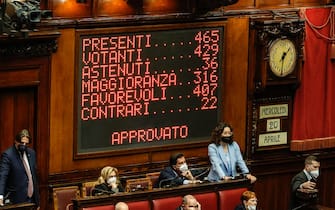 Tabellone elettronico della Camera con risultato del voto a maggioranza assoluta della la risoluzione riferita al Documento di economia e finanza 2022 (DEF), Roma 20 Aprile 2022. ANSA/GIUSEPPE LAMI 