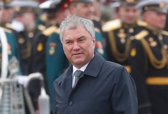 epa09187141 Russian State Duma Speaker Vyacheslav Volodin arrives to watch the Victory Day military parade in the Red Square in Moscow, Russia, 09 May 2021. The Victory Day military parade annually takes place 09 May 2021 in the Red Square to mark the victory of the Soviet Union over the Nazi Germany in the World War II.  EPA/MAXIM SHIPENKOV