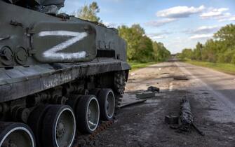 KHARKIV, UKRAINE - MAY 13: A destroyed Russian armored vehicle pictured on May 13, 2022 on the northern outskirts of Kharkiv, Ukraine. Ukrainian and Western officials say Russia is withdrawing forces around Kharkiv, Ukraine's second-largest city, suggesting it may redirect troops to Ukraine's southeast. (Photo by John Moore/Getty Images)