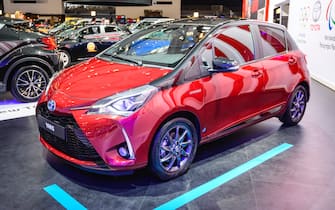 BRUSSELS, BELGIUM - JANUARY 9: Toyota Yaris Hybrid compact city car on display at Brussels Expo on January 9, 2020 in Brussels, Belgium. (Photo by Sjoerd van der Wal/Getty Images)