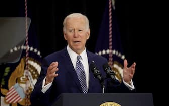 BUFFALO, NEW YORK - MAY 17: US President Joe Biden delivers remarks to guests, most of whom lost a family member in the Tops market shooting, at the Delavan Grider Community Center on May 17, 2022 in Buffalo, New York. The president and first lady placed flowers at a memorial outside of the Tops market and met with families of victims prior to addressing the guests at the community center. A gunman opened fire at the Tops market on Saturday killing ten people and wounding another three. The attack was believed to be motivated by racial hatred.  (Photo by Scott Olson/Getty Images)