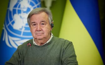 Handout photo shows UN Secretary-General Antonio Guterres holds a press conference along with Ukrainian President following their meeting in Kyiv, Ukraine on April 28, 022. Guterres said the council had failed to prevent or end the war in Ukraine. This was "a source of great disappointment, frustration and anger," he said. During the UN chief's visit, two blasts hit the central Shevchenko district of Kyiv, with three people taken to hospital with injuries, according to the city's mayor. Photo by Ukrainian Presidency via ABACAPRESS.COM