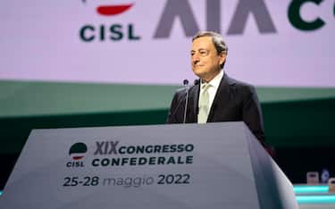 Il presidente del Consiglio Mario Draghi alla Fiera di Roma durante il XIX Congesso della CISL, Roma, 26 Maggio 2022. ANSA/US PALAZZO CHIGI/FILIPPO ATTILI