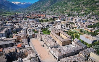 Aerial view of the city center and the main square of Aosta. Italy