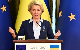 European Commission President Ursula von der Leyen makes a statement following talks with Ukrainian President in Kyiv on June 11, 2022. - EU chief Ursula von der Leyen visited Ukraine on June 11, 2022 to discuss the country's hopes of joining the bloc, as President Volodymyr Zelensky warned the world not to look away from the conflict devastating his country. (Photo by Sergei SUPINSKY / AFP) (Photo by SERGEI SUPINSKY/AFP via Getty Images)