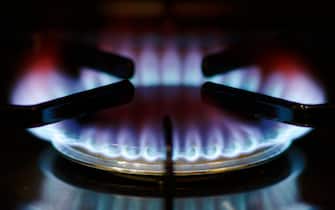 Gas flame on cooker hob, England, United Kingdom