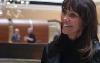 Diane Hendricks, chief executive officer of ABC Supply Co., smiles during a company meeting at a hotel in Rosemont, Illinois, U.S. on Wednesday, March 4, 2015. Hendricks, whose ABC Supply is based in Beloit, Wis., is 
Wisconsin Republican Governor Scott Walkers biggest individual political benefactor. Photographer: John McCormick/Bloomberg via Getty Images *** Local Captiion *** Diane Hendricks