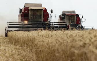 CRIMEA, RUSSIA – JULY 5, 2022: Harvesting wheat in a field of the Krymsky Plemzavod agricultural company in the village of Valentinovo. Sergei Malgavko/TASS/Sipa USA