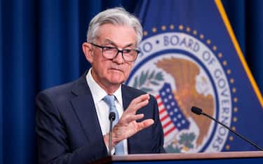 epa10015031 Federal Reserve Board Chairman Jerome Powell holds a news conference after the Fed decided to raise interest rates by three-quarters of a percentage point at the William McChesney Martin Jr. Building in Washington, DC, USA, 15 June 2022. It is the biggest interest rate hike since 1994.  EPA/JIM LO SCALZO