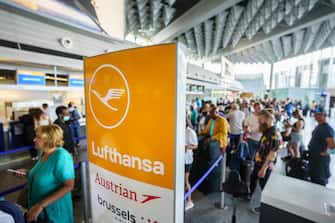 27 July 2022, Hessen, Frankfurt/Main: A sign reading "Lufthansa" at Frankfurt Airport. Photo: Frank Rumpenhorst/dpa (Photo by Frank Rumpenhorst/picture alliance via Getty Images)