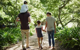 Full length rear view of two generation family walking on path in park