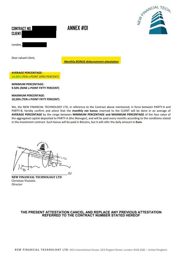 Parte delle condizioni contrattuali offerte da New Financial Technology documento