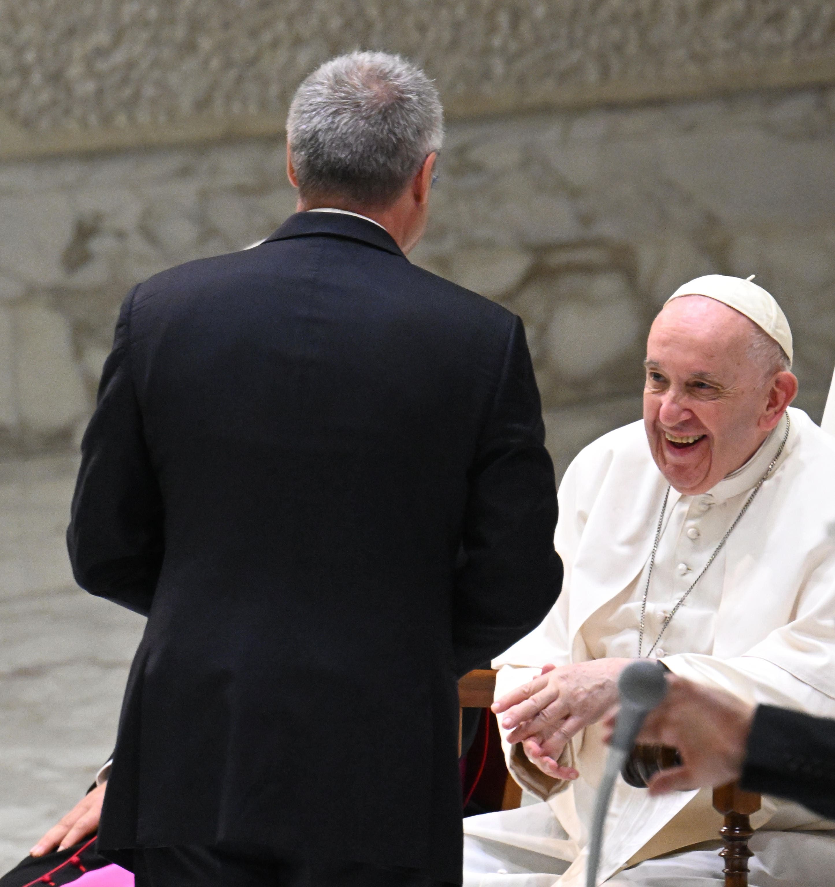 Pope Francis and Confindustria President, Carlo Bonomi, during an audience to Confindustria in Nervi Hall at the Vatican, 12, September 2022. ANSA/CLAUDIO PERI