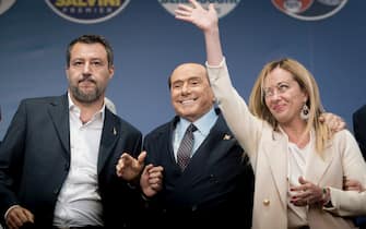 Matteo Salvini (L), Silvio Berlusconi (C), Giorgia Meloni (R) seen on the stage during a rally in Rome. The electoral rally “Insieme per l’Italia” (Together for Italy) had been held by leaders of the Centre- Right coalition in Piazza del Popolo (People’s Square) in Rome ahead of National Elections (25 September 2022). (Photo by Valeria Ferraro / SOPA Images/Sipa USA)