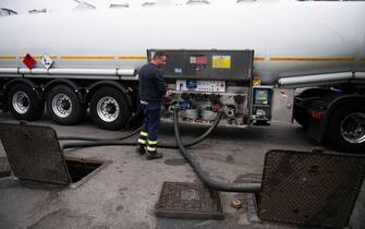 TURIN, ITALY - MARCH 14: Fuel transporter refuels a petrol station on March 14, 2022 in Turin, Italy. Oil and gas prices are hitting record highs across Europe due to sanctions imposed on Russia after they invaded Ukraine. (Photo by Stefano Guidi/Getty Images)