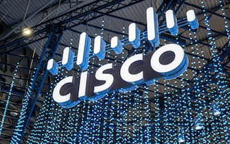 Cisco logo seen displayed during the first day of Mobile World Congress 2022 (MWC) at the Fira de Barcelona.