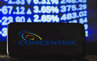 BRAZIL - 2021/03/30: In this photo illustration Concentrix logo seen displayed on a smartphone. (Photo Illustration by Rafael Henrique/SOPA Images/LightRocket via Getty Images)