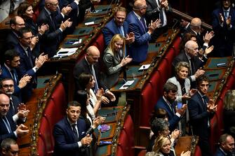 Deputies of centre-right parties celebrate the election of Lorenzo Fontana as new Speaker of the Italian Chamber of Deputies during the XIX legislature in Rome, Italy, 14 October 2022. ANSA/RICCARDO ANTIMIANI