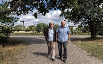 Retired couple during a walk on the river Elbe in Dresden
