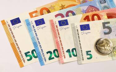 Euro banknotes with new Christine Lagarde signature imitation, editorial